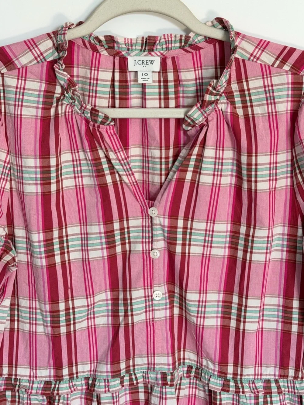 J.Crew Sweet Briar Marine Salt Pink Plaid Ruffle Trim Mini Dress 10 39674